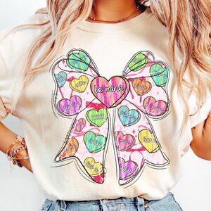 Be Mine Valentine Coquette Tee, Conversation Candy Heart Bow Tee